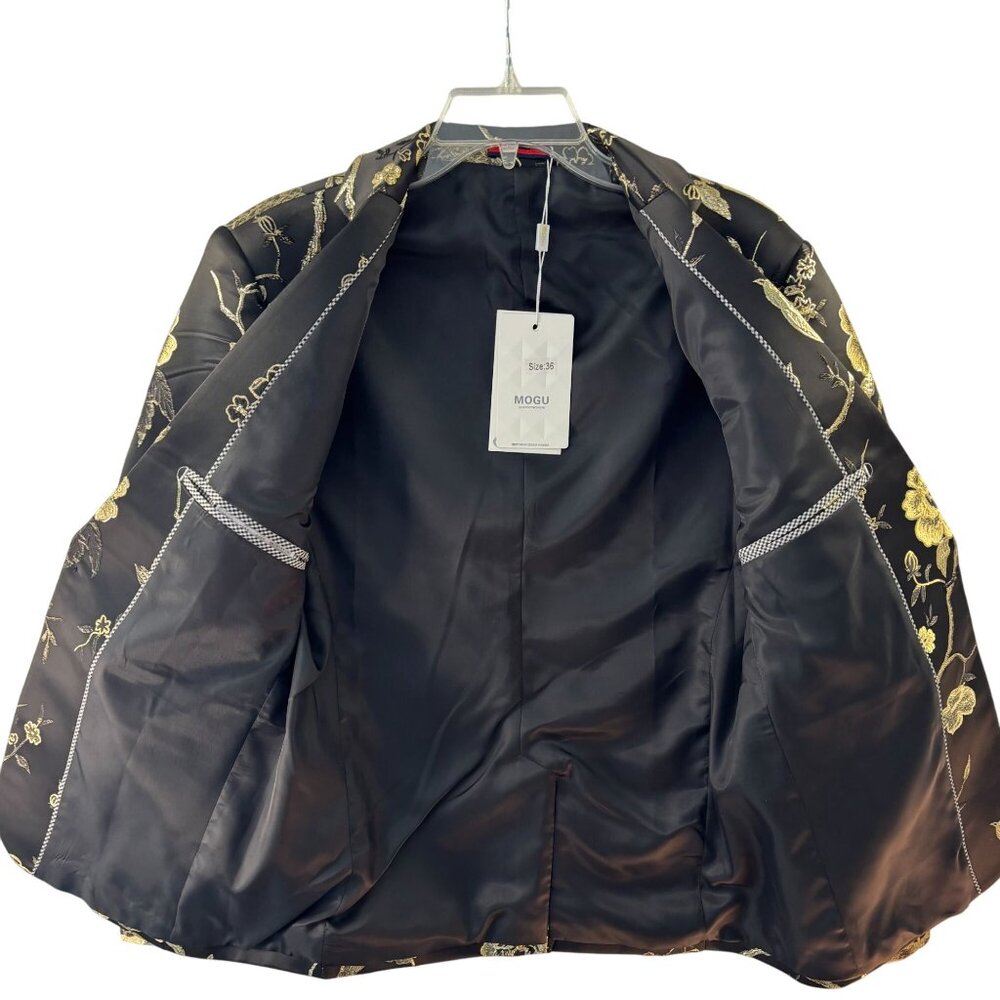Mens Black & Gold Floral Embroidered Satin Blazer Jacket Size 36 - Picture 2 of 11